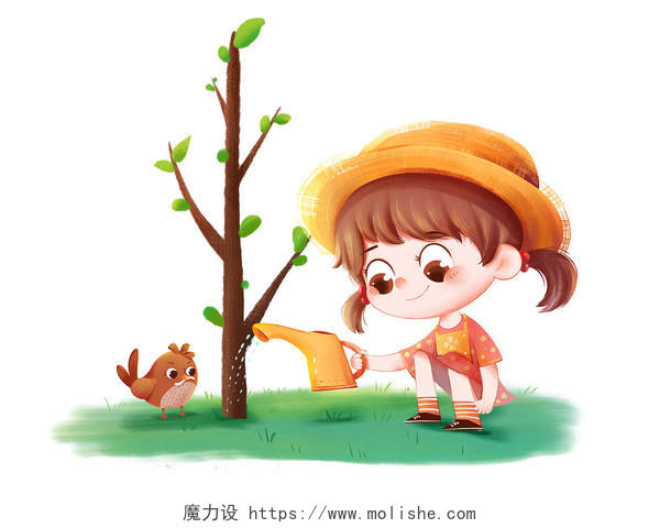 312植树节小鸟花洒草地浇树的可爱的卡通小女孩png素材
